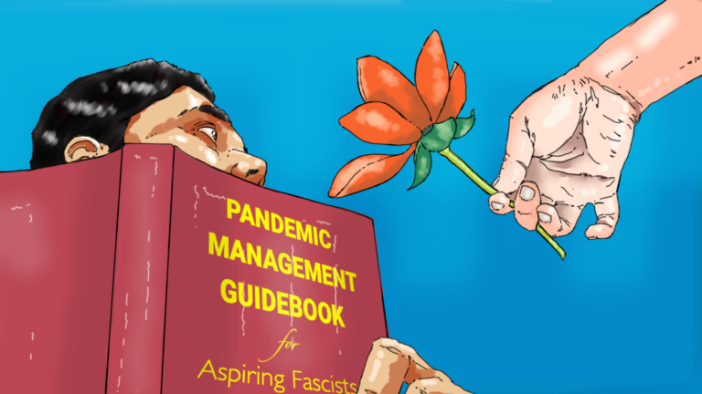 Illustration showing a boy reading a Pandemic Management Guidebook for Aspiring Fascists and being handed an orange flower.