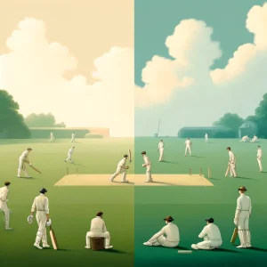 Image showing two sides of a cricket field, showing differences in old and new sporting culture.